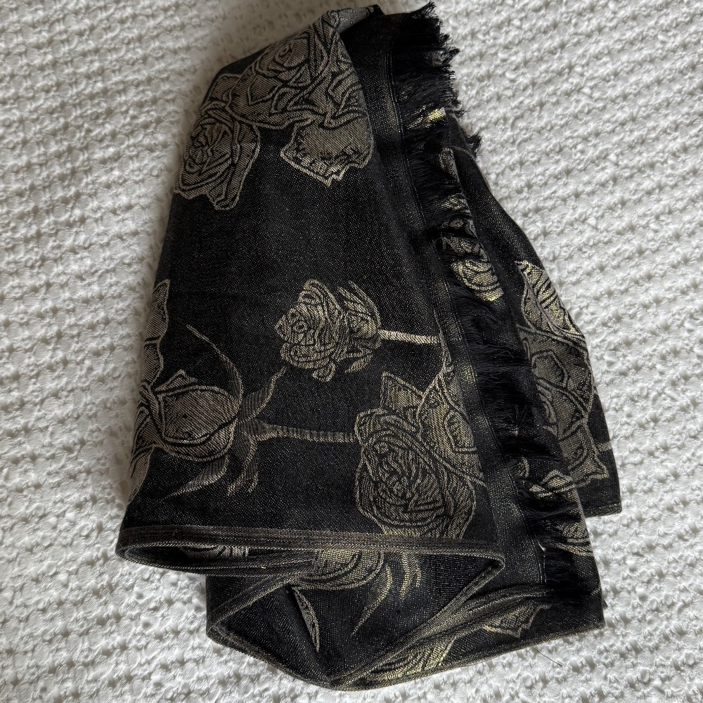 Black and Gold Floral Scarf, Like New